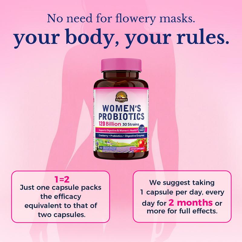 Vitalitown Women's Probiotics,120 Billion CFUs-for pH Balance /Healthy Odor and Tract Support,with Prebiotics,Digestive Enzymes&Cranberry Bathroom