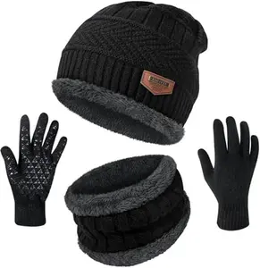3 in 1 Winter Beanie Hats Scarf Gloves Set Thick Warm Slouchy Beanies Hat Neck Warmer Fleece Lined Hat Touchscreen Gloves For Men Women