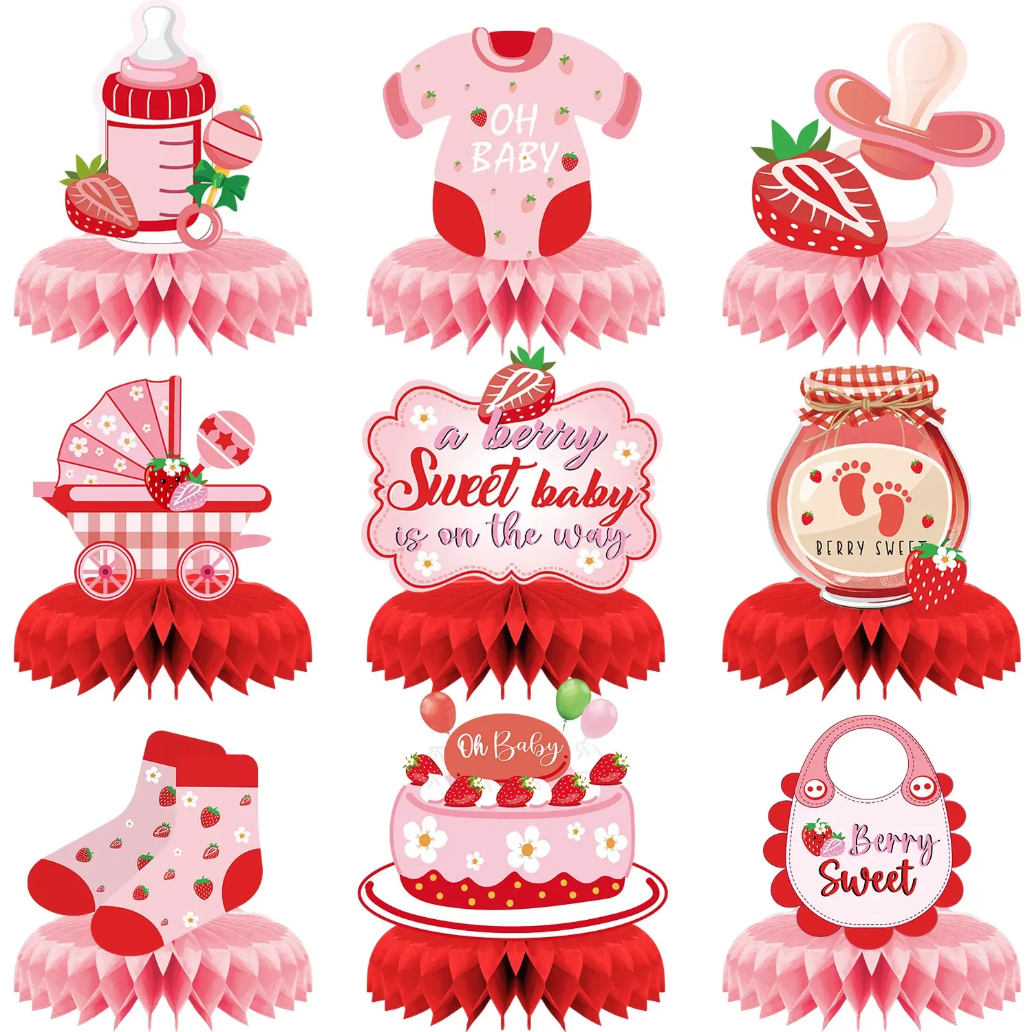9Pcs Strawberry Baby Shower Decorations, Festive Decoration, Berry Sweet Baby Shower Honeycomb Design Centerpieces, First Birthday Party Table Decor for Girls, Pink and Red Berry Themed Party Supplies, Party Event Props, Decorative Prop, Decoration Set