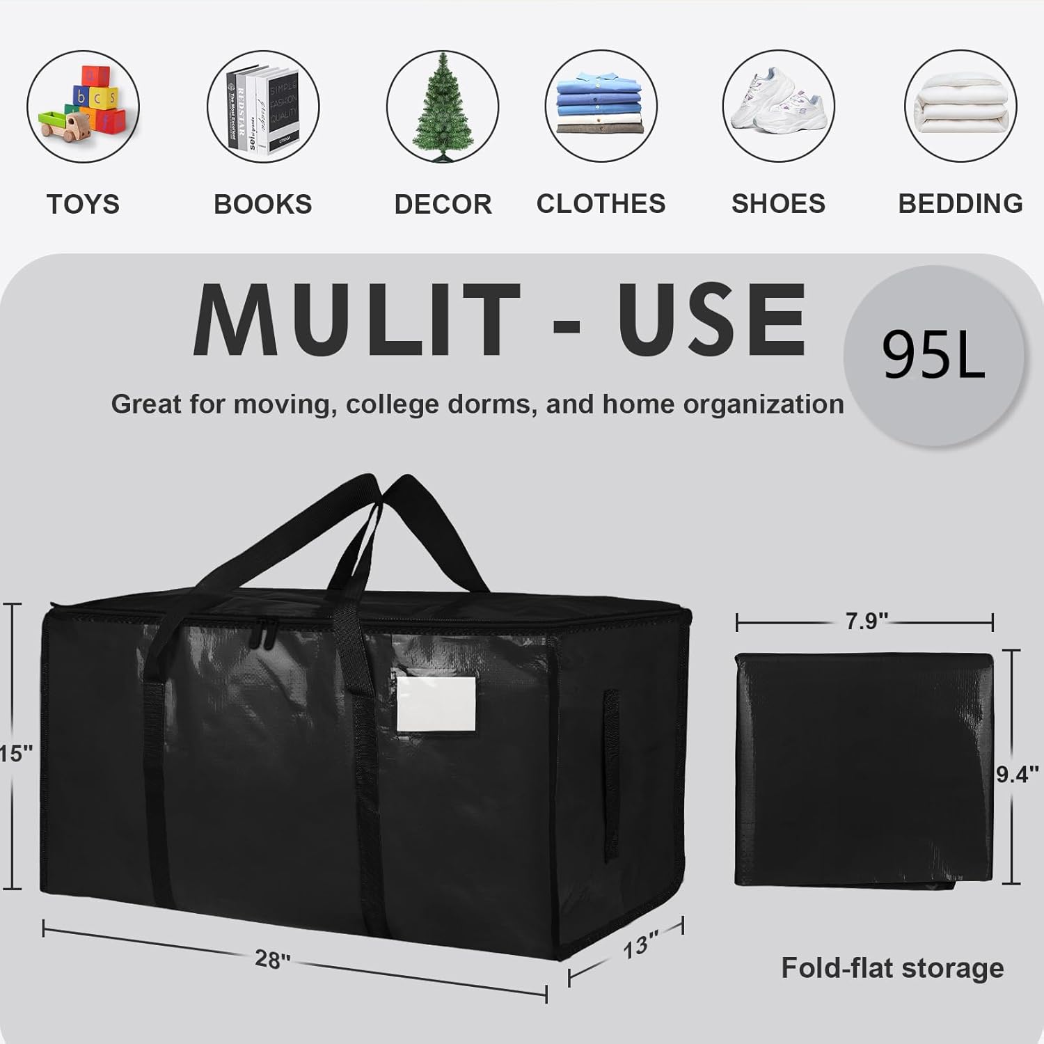 4-Pack Classic Heavy-Duty Organiser Bags, Waterproof Foldable Storage Totes with Handles & Zippers, 4-Set Home Organizers for College Dorm Daily Use (Black)