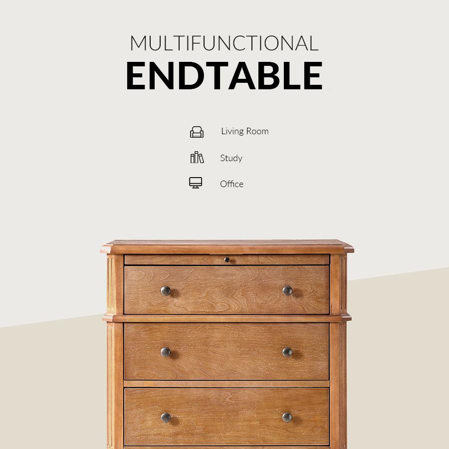 HULALA HOME Griselda Transitional 3-Drawer End Table with Hidden Compartment, Pull-Out Tray & Power Outlet  Solid Wood,Table