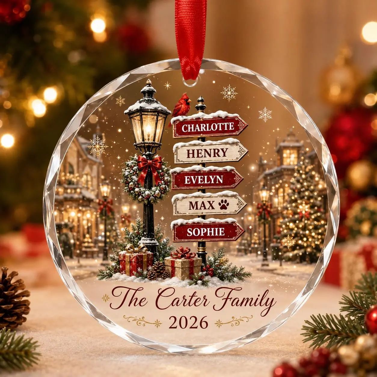 Personalized Family Christmas Ornament, Custom Name Crystal Glass Ornament, Family Christmas Keepsake, Snowy Village Holiday Gift 2026
