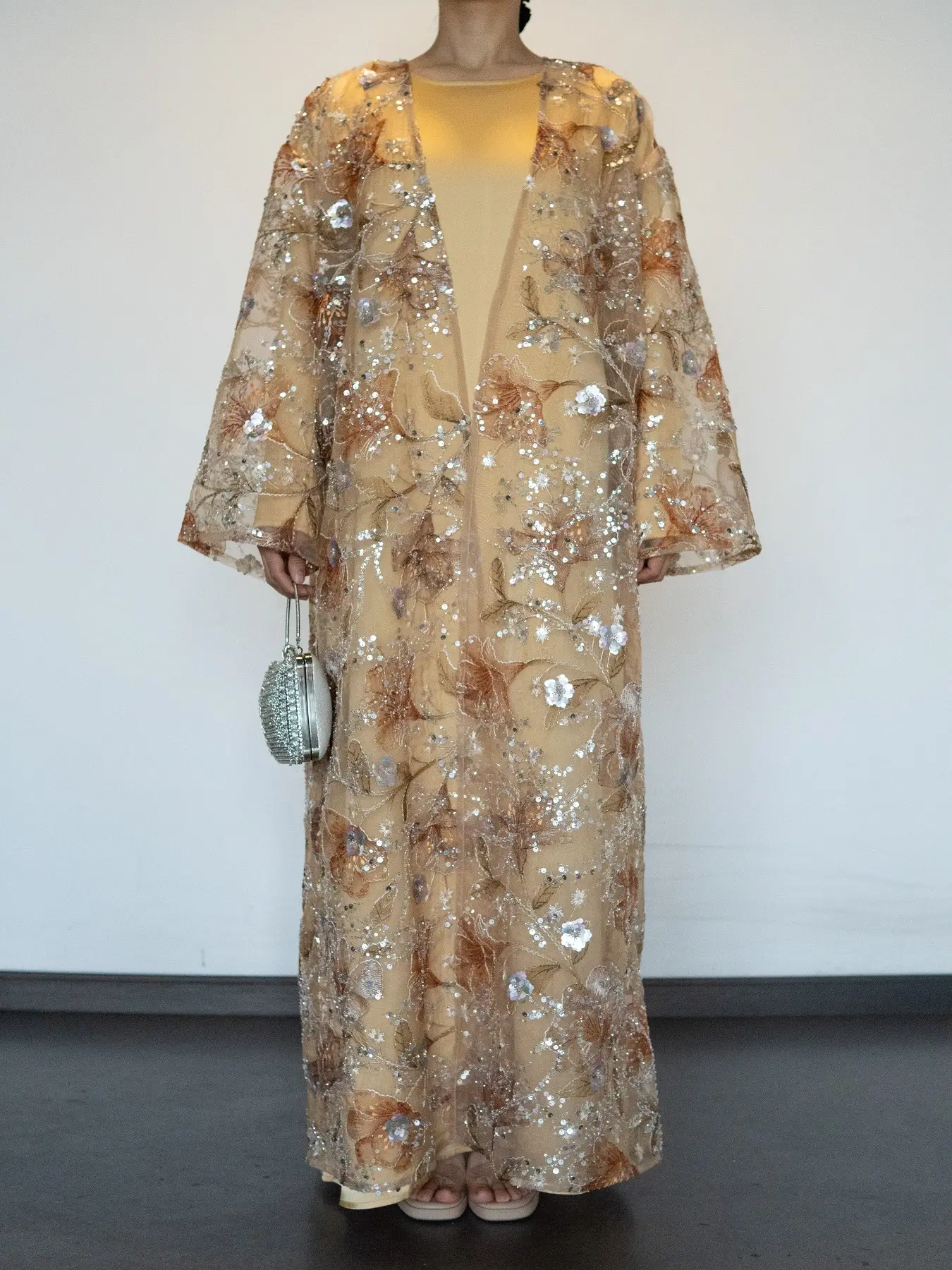 Women's 2-Piece Embroidered Flower Beaded Sequins Embellished Open Abaya and Satin Lined Dress Set (Open Abaya + Inner Dress)