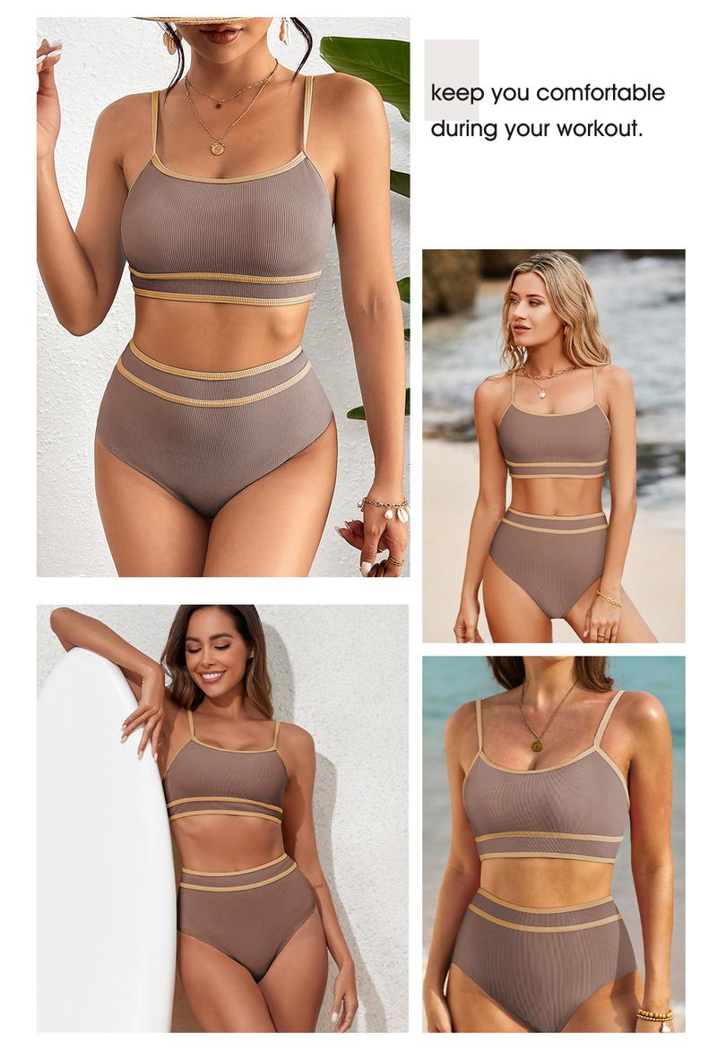 Aleumdr Women's Ribbed Bikini Sets Color Block Swimsuit High Waisted Bathing Suit Swimming Clothing Beach Water Sports Swimwear
