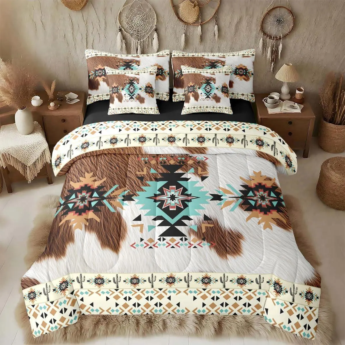 Feelyou 7-Piece Southwestern Comforter Set - Boho Western Outfit Bedding Collection with Animal Prints, Geometric Shapes, Cow Fur Print Comforter, Sheets, Pillowcases, Cushion Covers