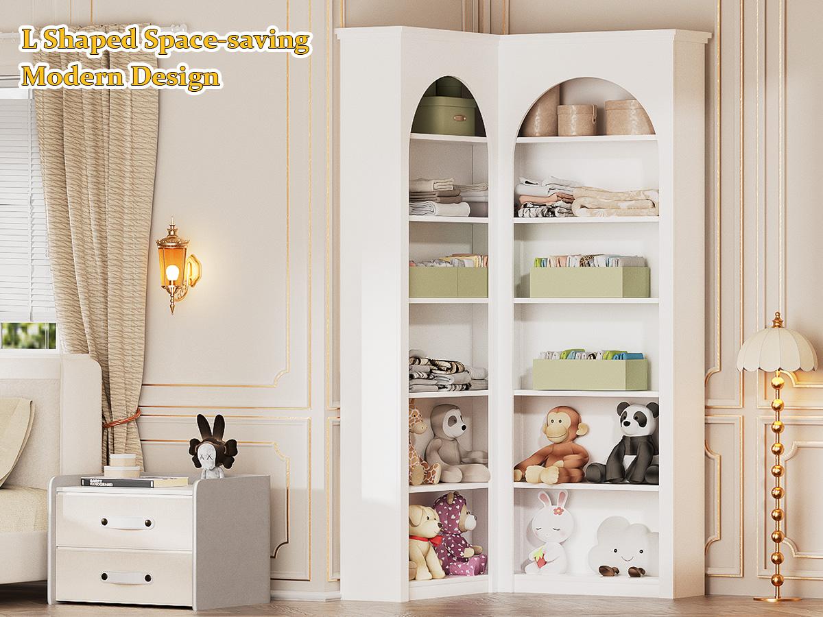 Corner Bookshelf, 71 inch 6 Tier Storage Bookcase, L-Shaped Corner Bookshelf, Living Room/Home Office/Bedroom Display Unit, Arched French Style Corner Bookshelf, 71 inch 6 Tier Storage Bookcase, L-Shaped Corner Bookshelf, Living Room/Home Office/Bedroom Display Unit, Arched French Style