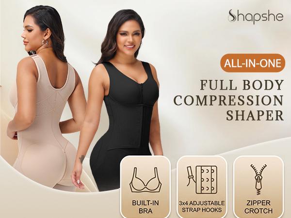 SHAPSHE Faja Compression Shapewear for Women Double-Layer Fabric Built-in Bra Adjustable Straps Zipper Crotch Breathable