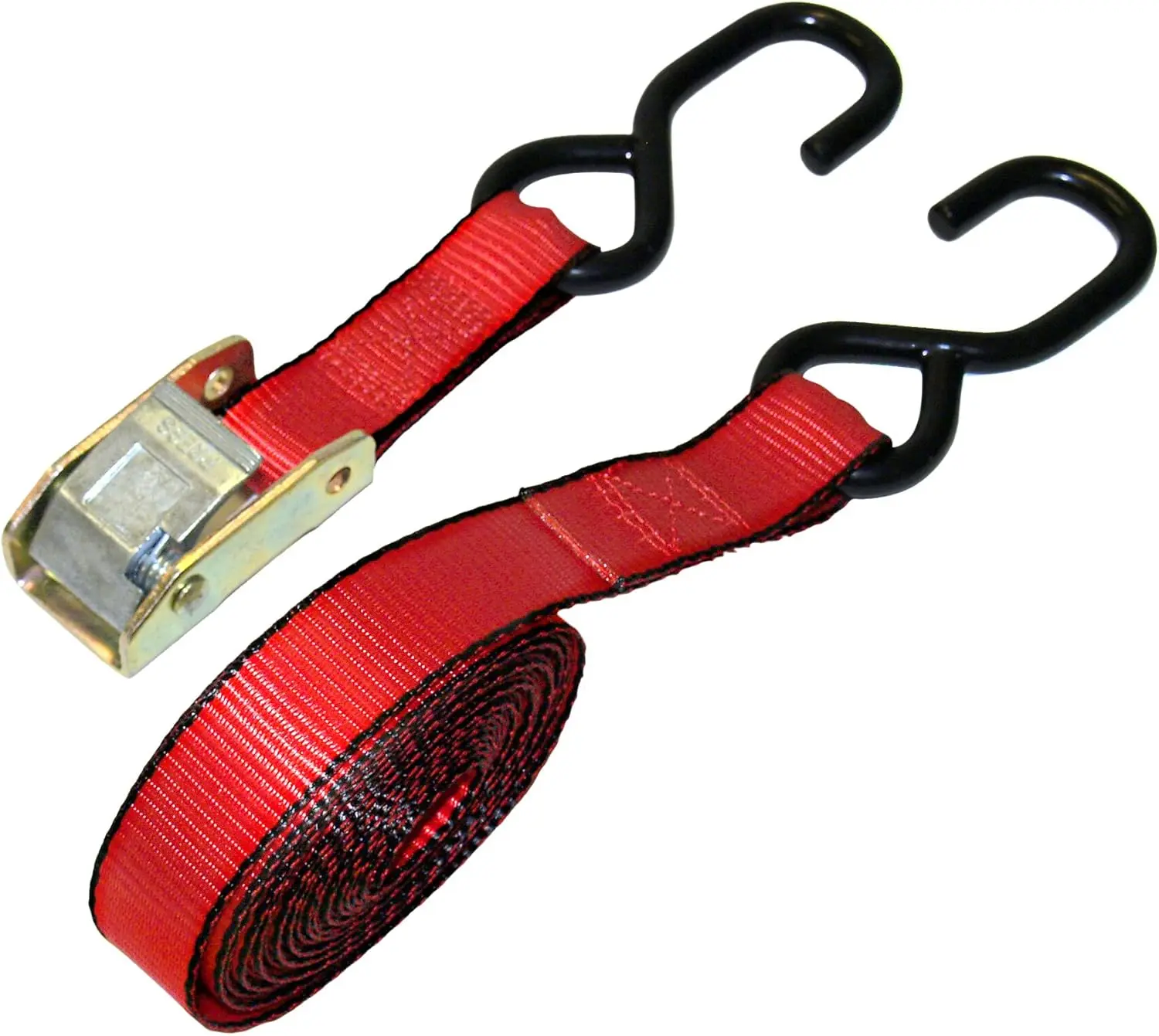 Everest Premium Easy-to-Use Cam Buckle Webbing Straps - 1 PK - 1 in x 15 FT - 500 LBS Working Load - 1500 LBS Break Strength - Compact, Thumb Release, Paint Safe Ratchet Alternative with Coated 'S' Hooks for Motorcycles, Lawn Equipment, Garden Equipment