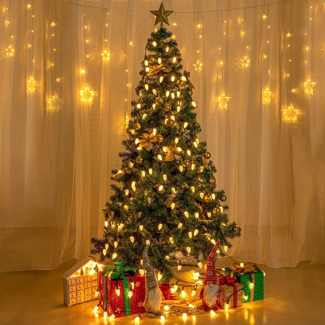 [Only light] 100LED 81 FT C9 Christmas String Lights Plug in Fairy Twinkle String Lights 8 Modes Timer Function Waterproof Extendable for Indoor Outdoor Wedding Party Christmas Decoration (100, Warm White)