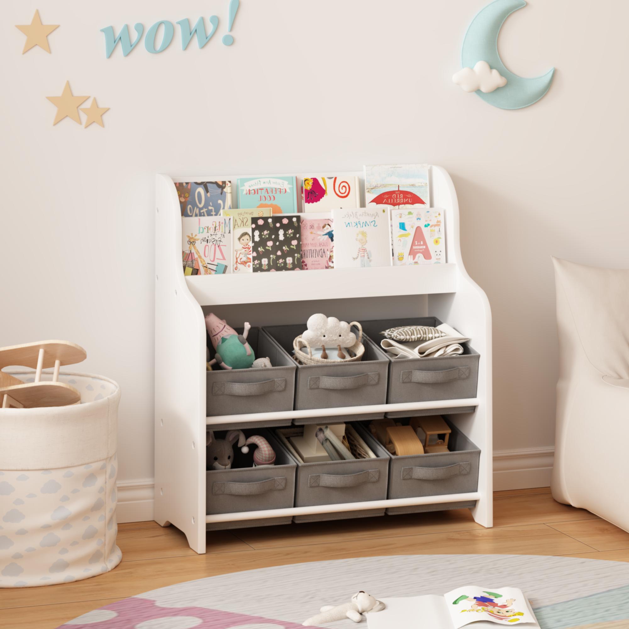 Kids Bookshelf with 6 Fabric Storage Bins, Multi-Functional Children's Bookcase and Toy Organizer, Front-Facing Display Shelf for Playroom, Bedroom or Nursery - White & Gray