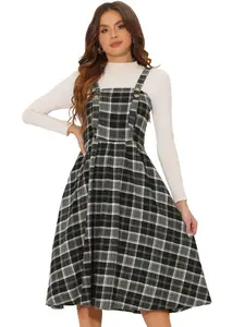 INSPIRE CHIC Plaid Overalls Vintage Sleeveless A-Line Overall Pinafore Dress Suspender Skirt