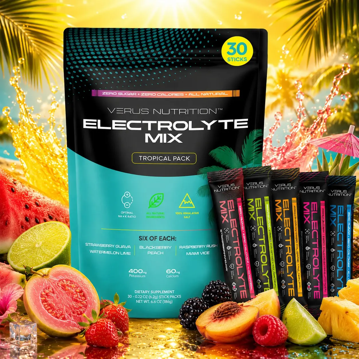 Tropical Electrolyte Stick 30-Pack - 0 Sugar Complete Electrolyte Blend with Sodium, Potassium, Magnesium, Calcium & Chloride, Keto & Fasting Friendly Vegan Healthcare Dietary Supplement