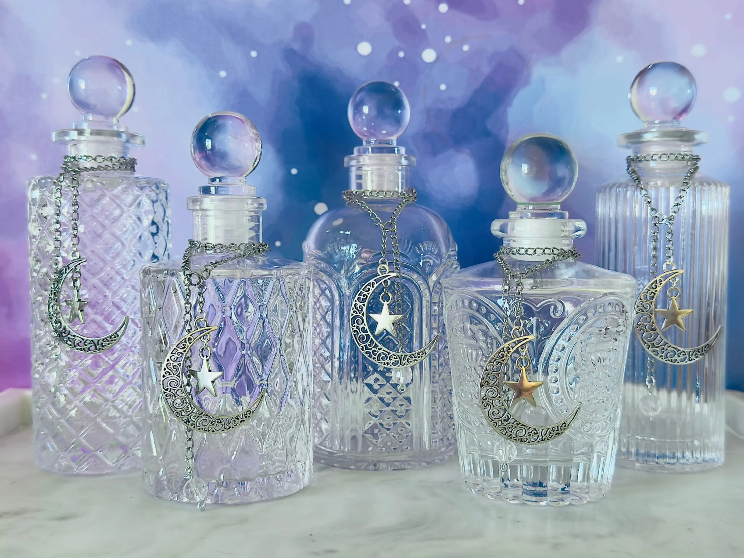 Celestial Lunar Glass Decanter – Decorative Moon Bottle for Home & Altar Decor Gift Set - includes Spell Ritual Cards & Clear Quartz Stone with *Free* Moon Magic Bundle Printables
