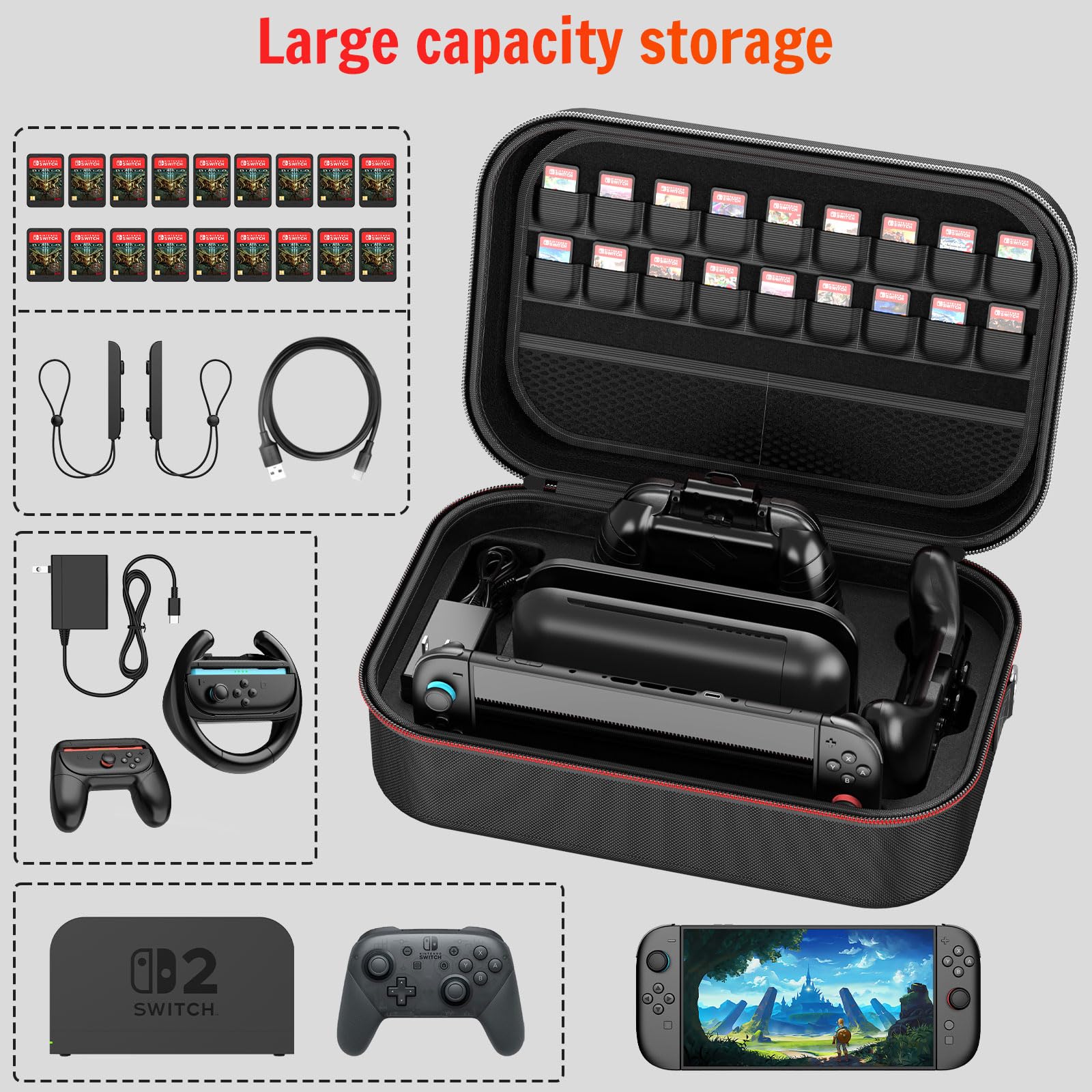 Switch 2 Carry Case Compatible with Switch 2,with 18 Games Cartridges Waterproof and Dustproof Travel Case for Switch 2 and Switch 2 Accessories，with Handles and Shoulder Straps