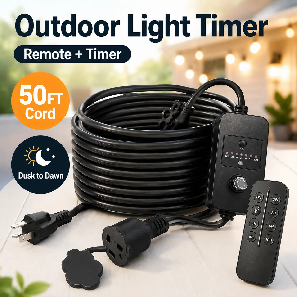 Costech Outdoor Light Timer with Remote Control, 50FT Extension Cord, Dusk to Dawn Sensor, Automatic On/Off Timer for Christmas Lights, Patio & Garden Lighting