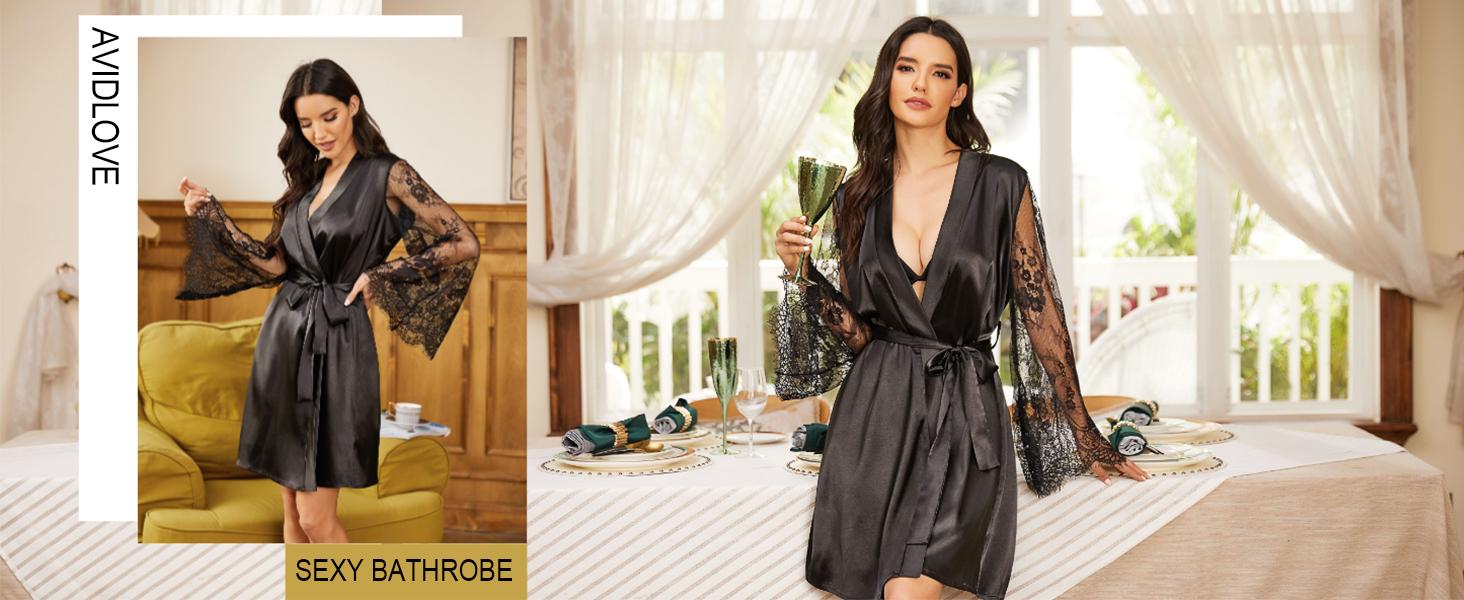 Avidlove Women's Satin Kimono Robe for Bridesmaid and Bride Wedding Party Getting Ready Short Robe with Floral Lace Sleeves & Classic V-Neck Design