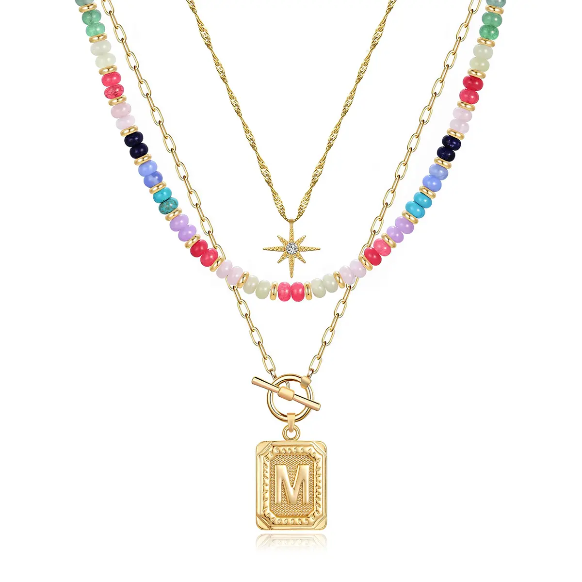 Layered Initial Necklaces for Women Trendy, 14K Gold Plated Brass Simple Star Choker Square Letter Pendant Necklace, Colorful Beaded Necklaces Jewelry Gifts