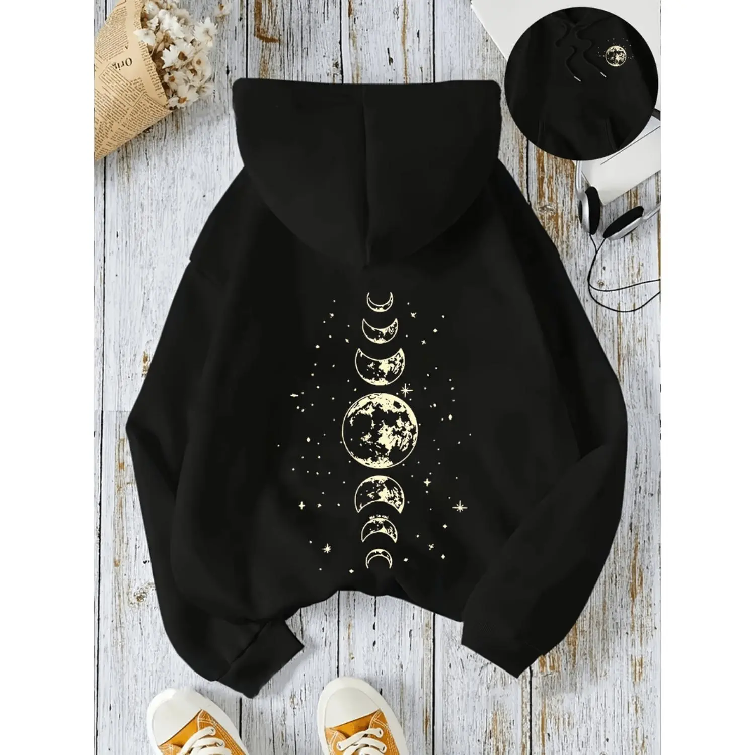 Cozy Moon Print Kangaroo Pocket Hoodie For Women Stylish Long Sleeve Drawstring Hooded Sweatshirt Perfect For Fall And Winter