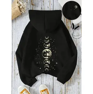 Cozy Moon Print Kangaroo Pocket Hoodie For Women Stylish Long Sleeve Drawstring Hooded Sweatshirt Perfect For Fall And Winter