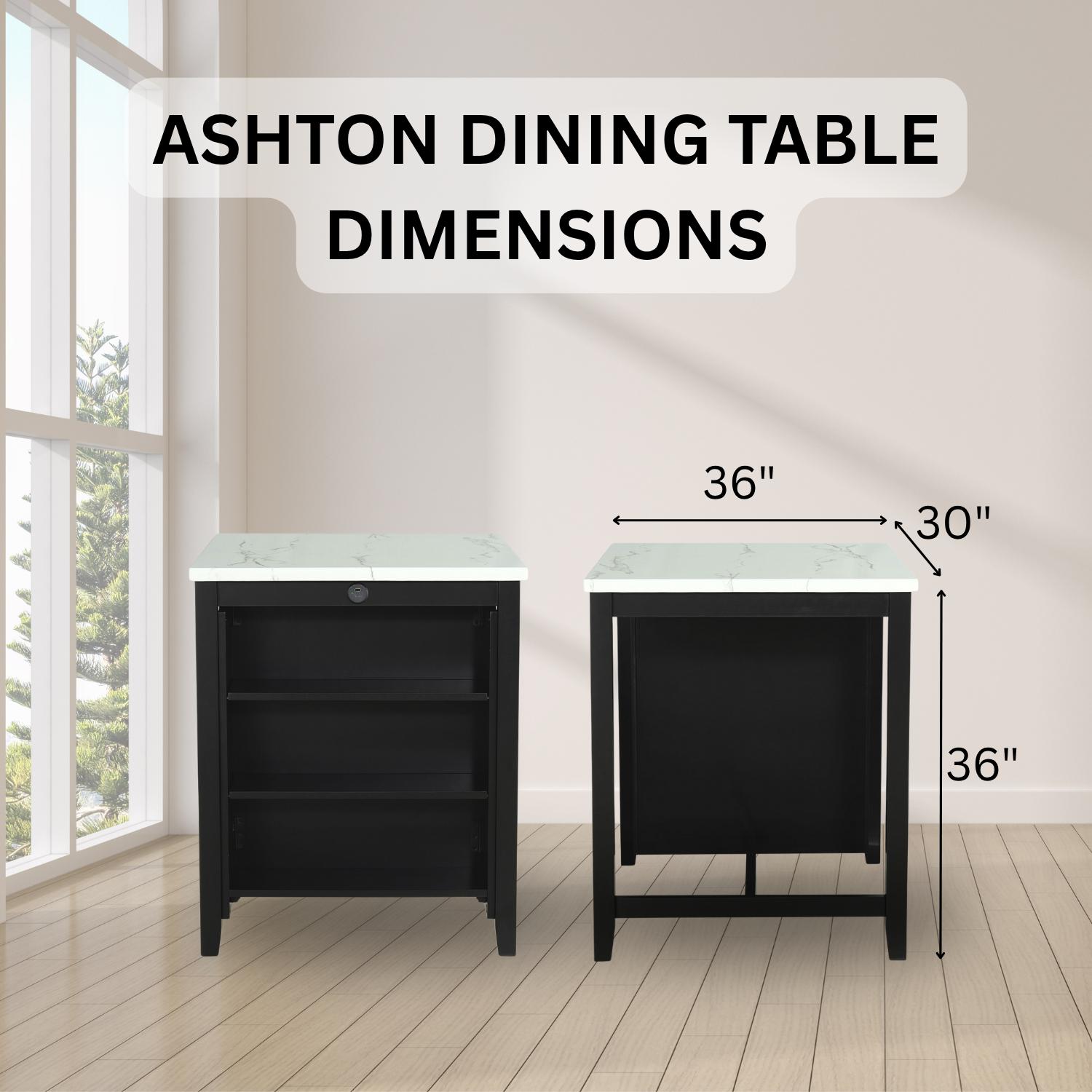 Ashton 3-Piece Counter-Height Dining Set with Faux Marble Top & USB Charging Ports, Plush Chenille Fabric Cushions & Side Storage Shelves Ashton 3-Piece Counter-Height Dining Set with Faux Marble Top & USB Charging Ports, Plush Chenille Fabric Cushions & Side Storage Shelves