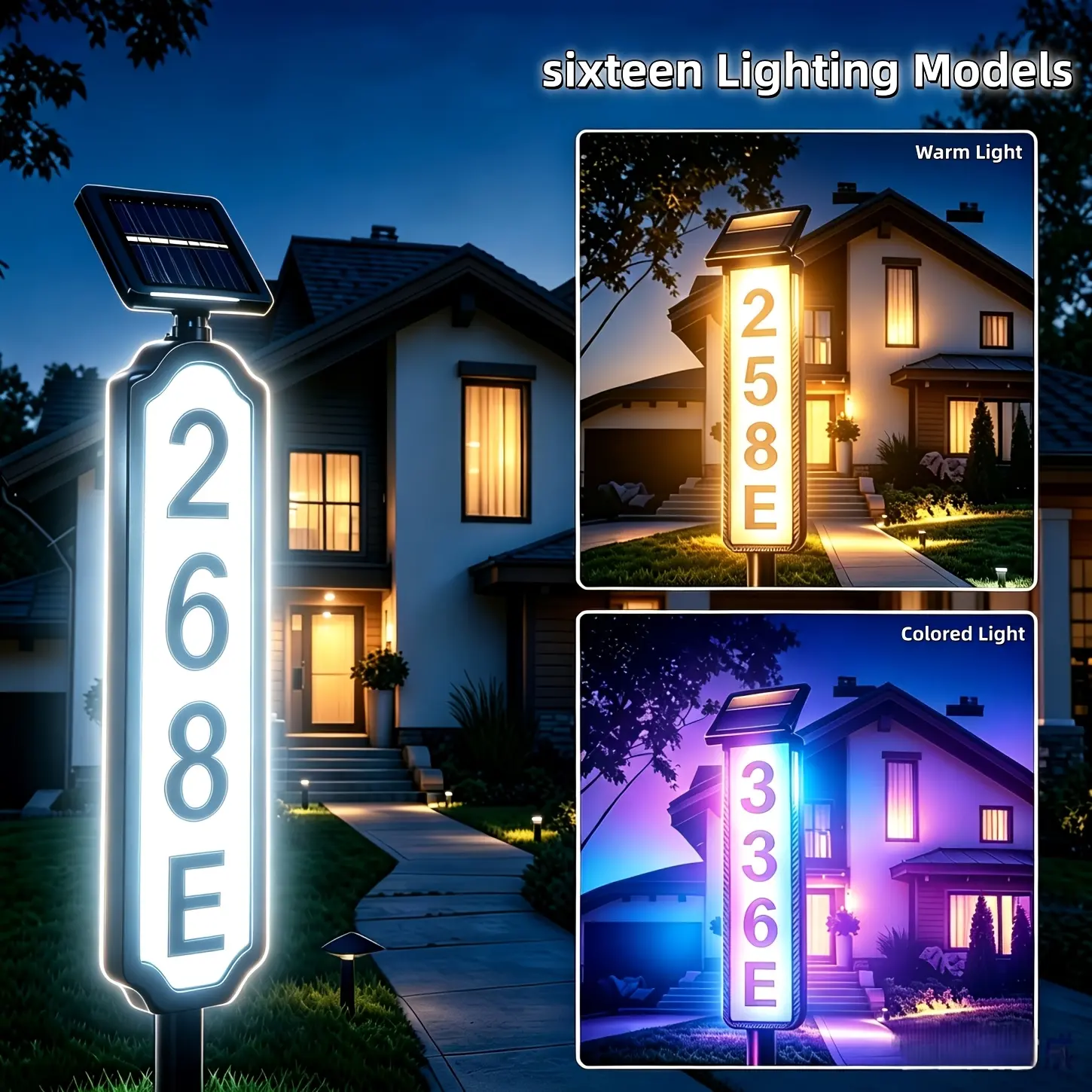 Solar address sign, solar house number, with 16 color modes, IP44 LED external lighting door sign, from dusk to dawn, bright solar address sign, suitable for outdoor, courtyard, apartment, street - easy to install