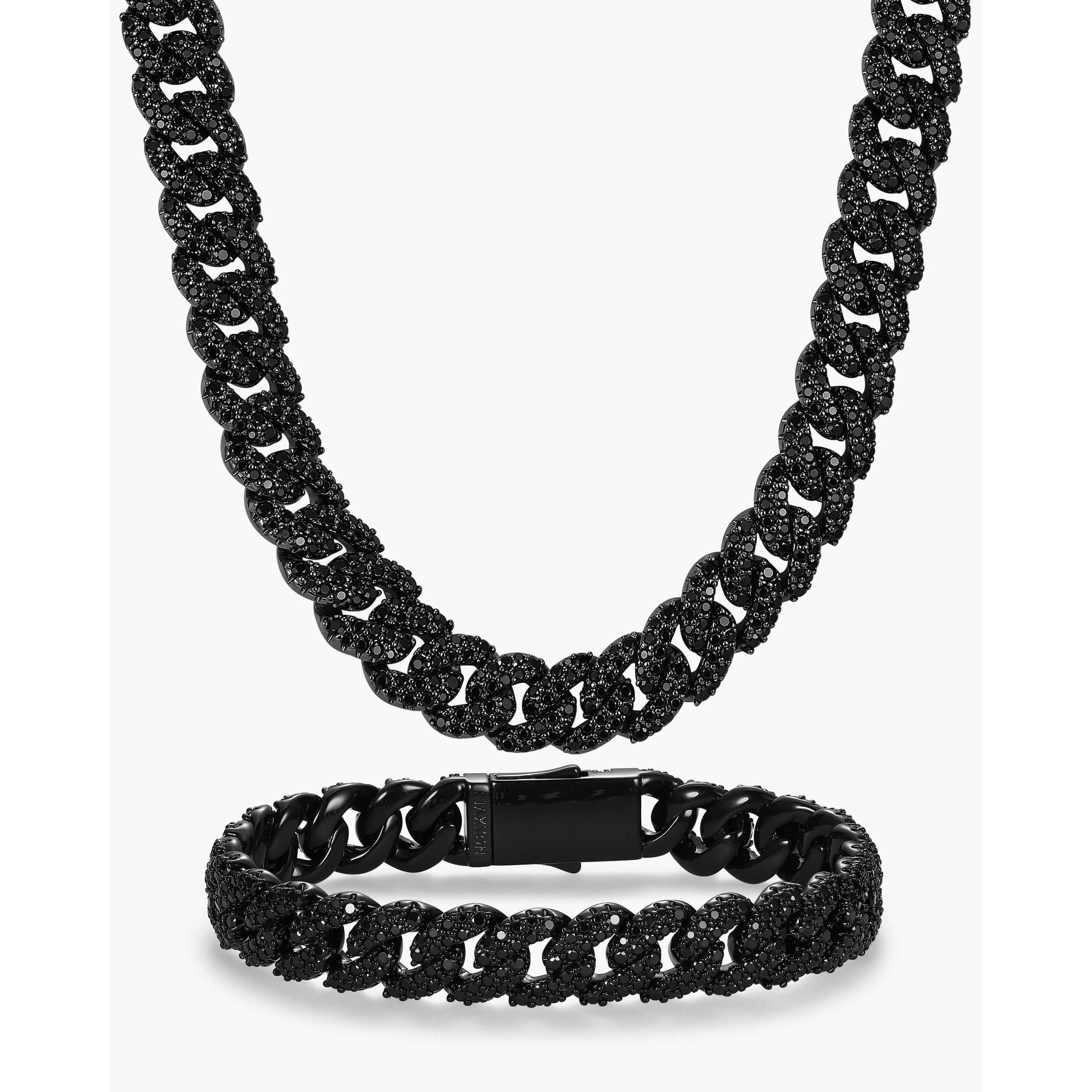 JAXXON Iced Out Cuban Set 10mm - Black - Rhodium Bonded for Shine & Durability - Box Clasp - Bundle & Save