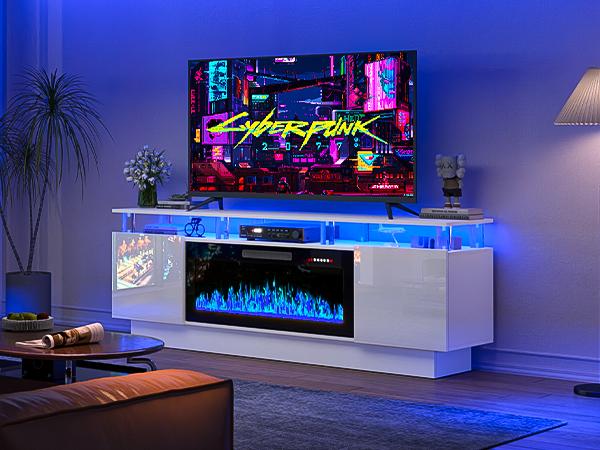 PUKAMI 70" Modern Fireplace TV Stand with 36" Electric Fireplace for TVs Up to 80 inch, Luxury LED Light Entertainment Center with High Gloss Cabinet (White, 70" (8 Acrylic Posts))