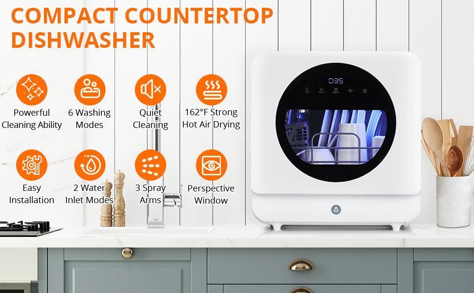 【GARVEE】Compact Countertop Dishwasher, Double Transparent Window Portable Countertop Dishwashers with 2 Water Inlet Methods, 162℉High Temperature and Air Drying Function Dishwasher for Kitchens and RVs