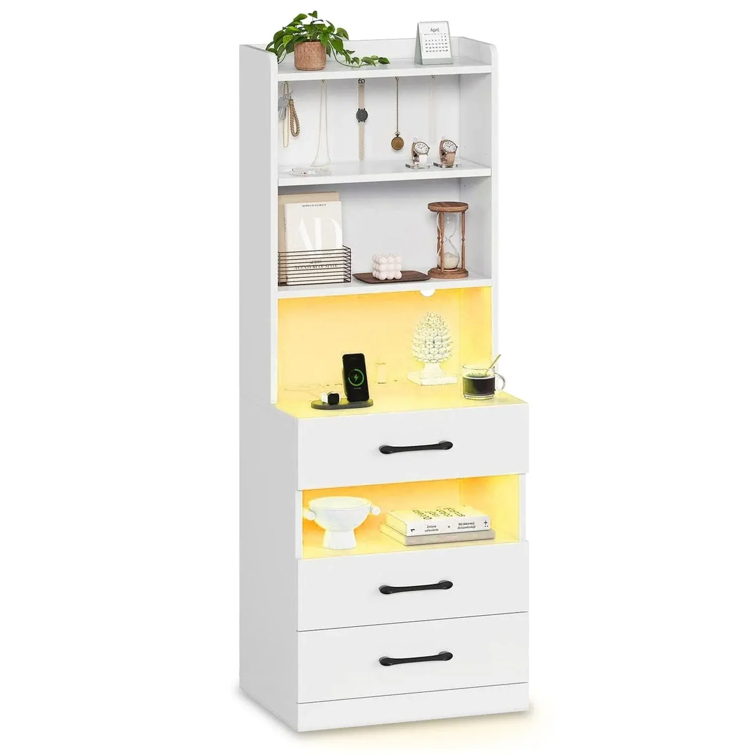 SIKAIC LED Tall Flat-Top Nightstand Table - Dual-Use Indoor Bedroom Furniture with Built-In Lights, Multiple Storage Shelves, Space-Saving White Decor