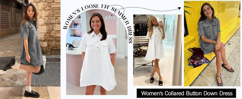 Imily Bela Women's Short Sleeve Denim Dress Button Down Collared Loose Fit Summer Casual Jean Shirt Mini Dresses