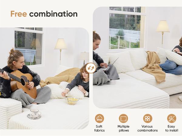 【3 Packages shipping】111‘’ Sectional Cloud Couches with L Shaped Chaise, Extra Large Sleeper Couch Reversible Corduroy with 8pcs Pillows for Living Room, Bedroom-Beige