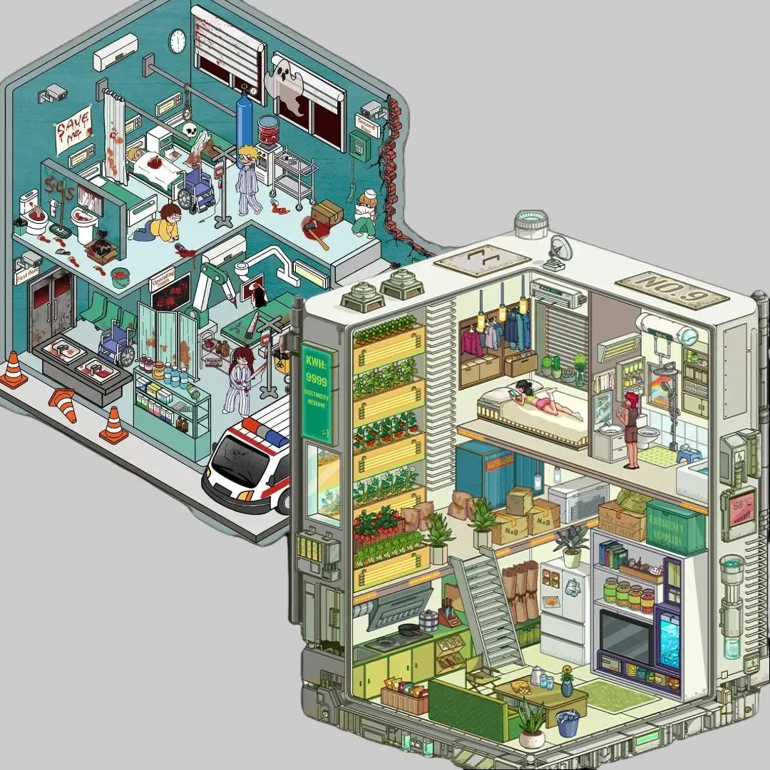 Doomsday Survival Sticker Scene Collection - Comes with free tweezers - Horror Hospital and Doomsday Cabin