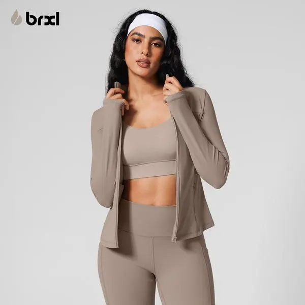 BRXL Women's Sports Outerwear Yoga Jacket - Plain Slim-Fit Stretch Cotton Track Zip-Up Square Neck Front Zip Side Pockets Active Jacket for Athletes Back to School