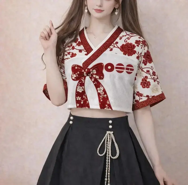 Modern Hanbok Style Crop Top - Kpop Concert Outfit World Tour Merch, Traditional Floral V-Neck Short Sleeve Mesh Blouse for Fans, Asian Streetwear