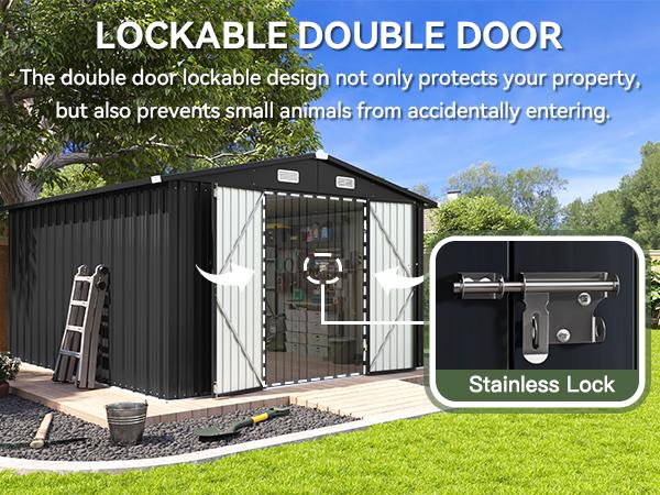 Aoxun Outdoor Storage Shed with Double Hinged Large Door Lockable Door & Sloped Roof Brown Metal Utility Garden Shed for Backyard Patio Brown Color