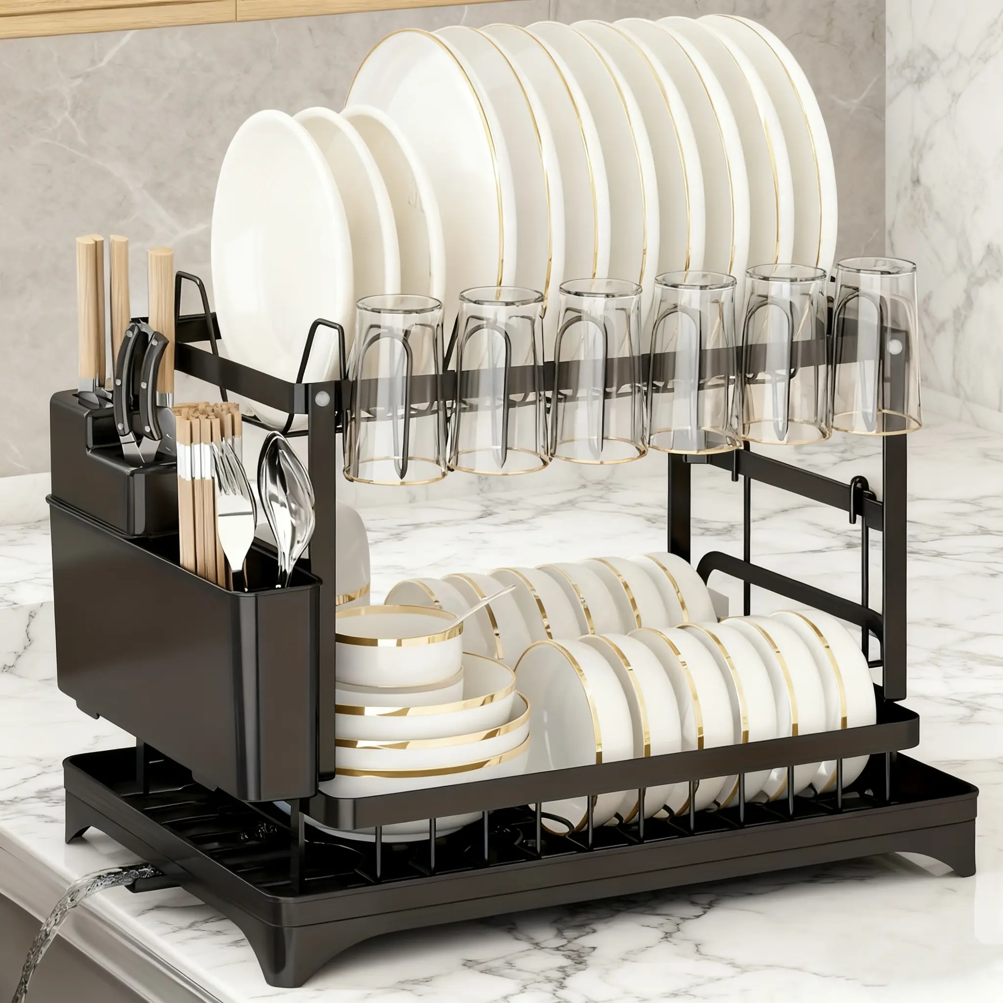 2-Tier Adjustable Rust-Safe Steel Dish Drying Rack with Drainboard, 2tier Space Save Kitchen Counter Organizer, Removable Utensil Caddy, Swivel Spout for Fast Drainage, Easy to Use for Small Kitchens