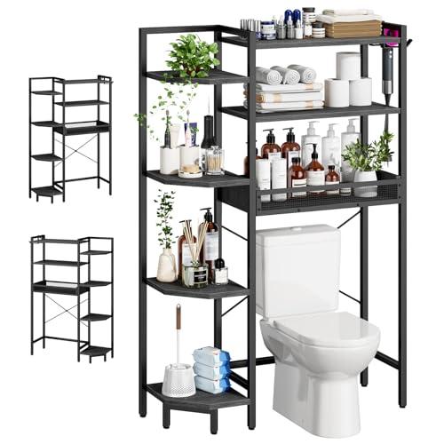 K1 Heavy Duty 7-Tier Over The Toilet Storage（With Basket and Paper Hook）Freestanding Above Toilet Shelf with Adjustable Feet，Space Saver Bathroom Shelves 9.3"D x 33.5"W x 63.8"H，Rustic Brown