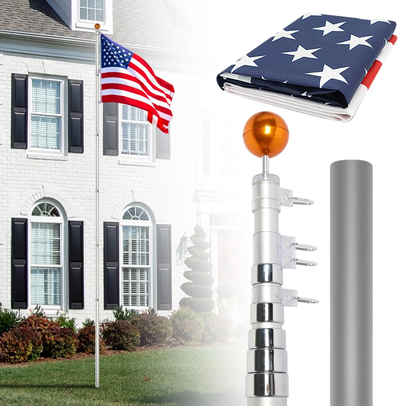 【Summervibes】Ubesgoo 20 ft. Sliver Aluminum Flagpole with 5 ft. x 2.6 ft. American Flag for Outside House, Residential or Commerical