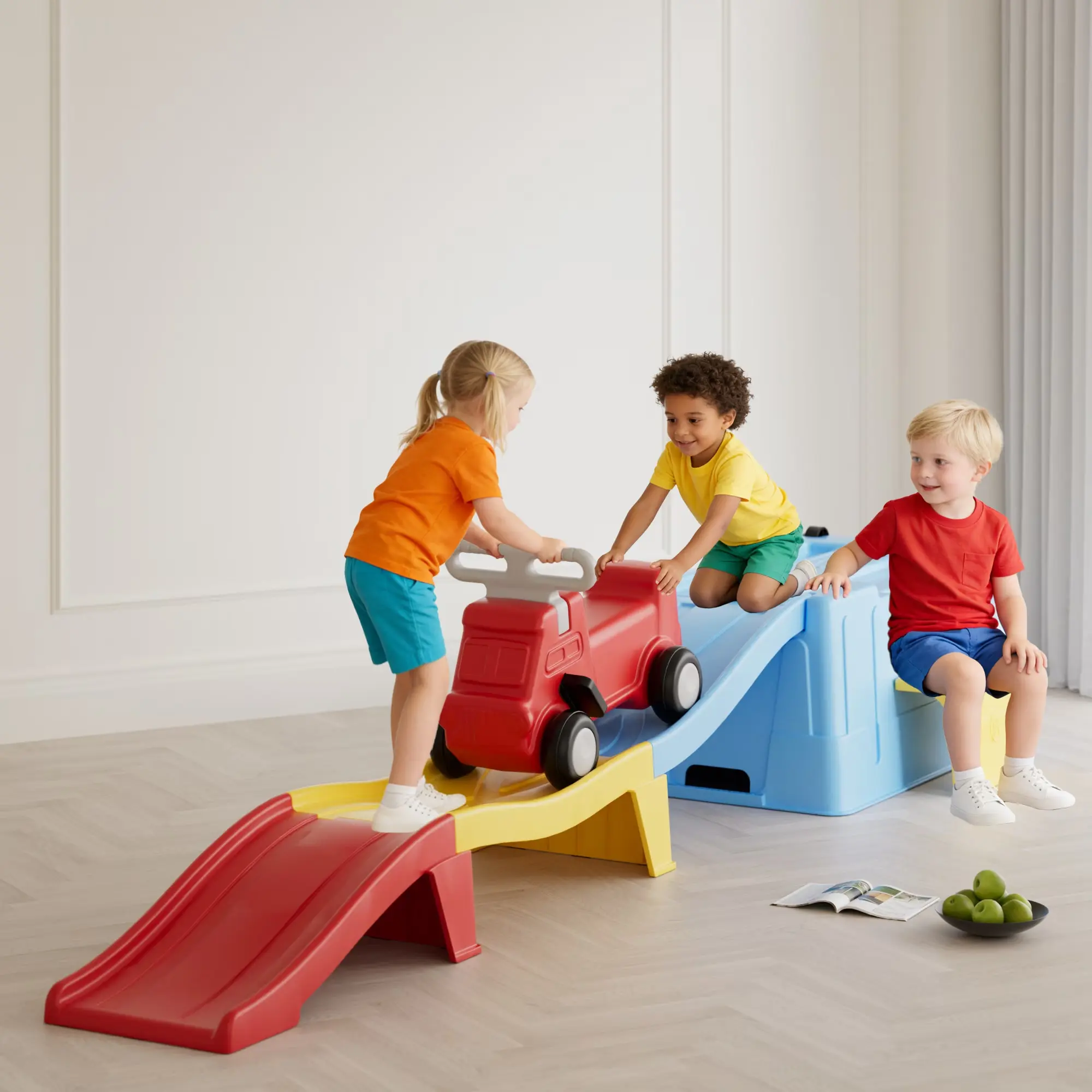 Up & Down Roller Coaster，Kids Ride On Toy，Toddler Push Car with Assembled Race Track & Storage Base Box, Indoor Outdoor Playset,Blue-yellow-red