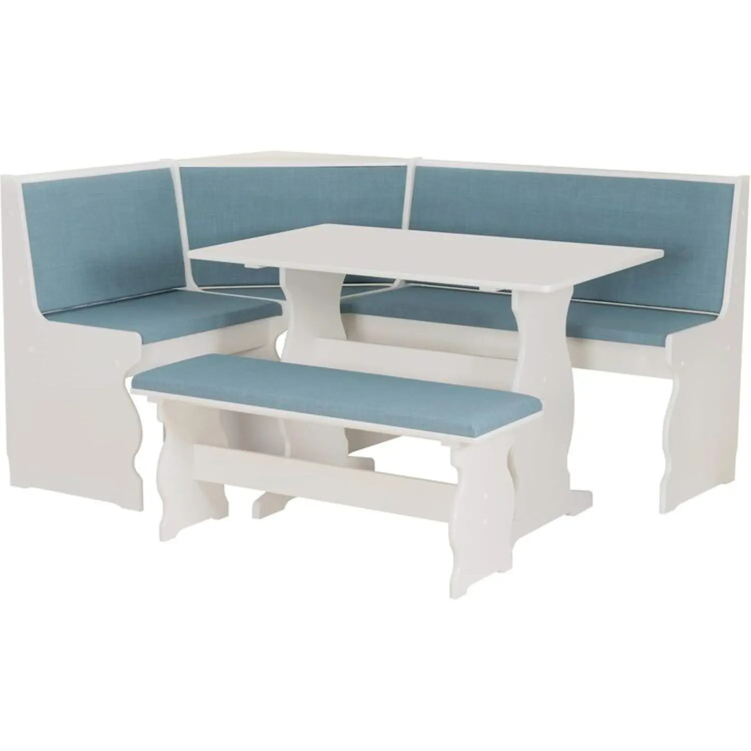 HomeStock Corner Breakfast Nook, Contemporary Cool Blue Corner Breakfast Nook 6614 x 50 x 3445 IN  White Wood Kitchen Nook Table Set with Blue Upholstered Seats Ideal for apartments and small kitchens Seater