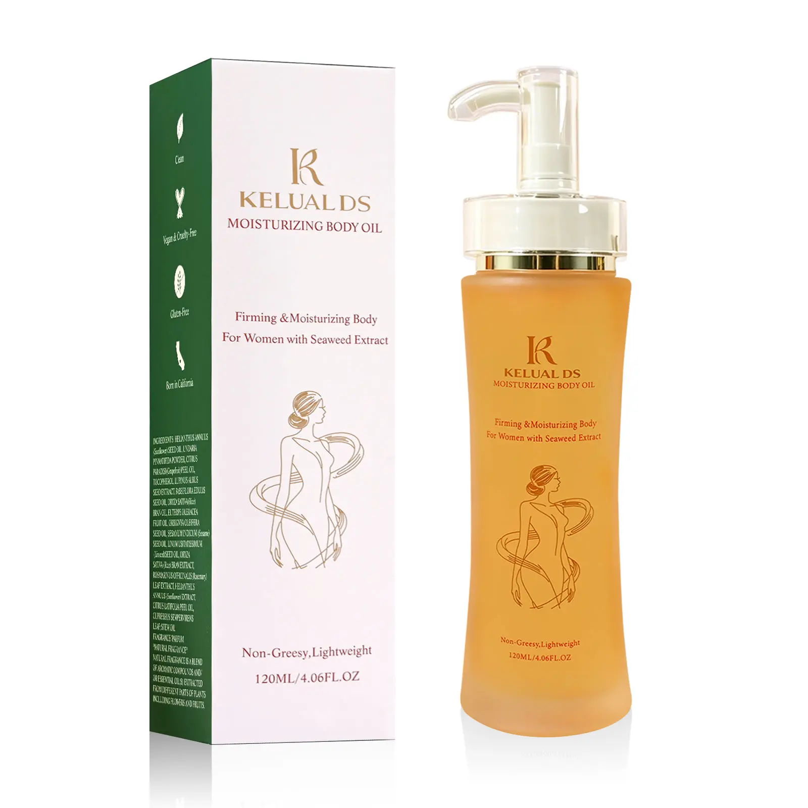 KELUAL DS Undaria Seaweed Extract Scented Body Oil - Gentle Moisture, Nourishing Oil for Soft Skin, Smooth Firming, Clean Lightweight Non-Greasy, Non-GMO Vegan Cruelty Free, 120ml/4.06oz, 24-Month Shelf Life, Seaweed Firming