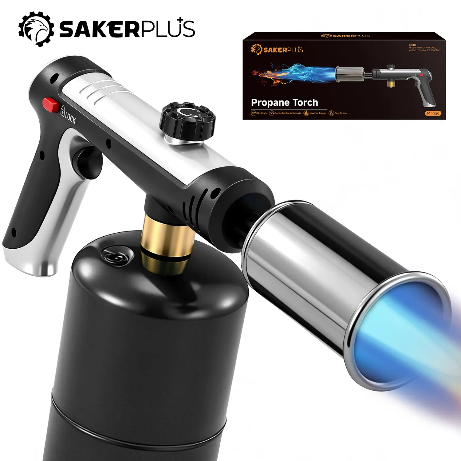 Sakerplus Propane Torch(Tank Not Included) for Searing & Grilling: Powerful Blow Torch with One-Touch Ignition and Adjustable Flame – Versatile Tool for BBQ and Fireplace