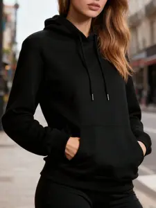 Women's solid color hooded sweater, light and velvet-free outdoor casual jumper, drawstring hooded design, soft and comfortable, suitable for hiking, travel and daily casual wear.