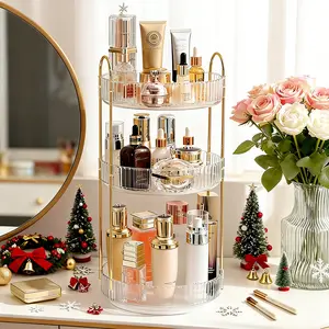 UFORU 3 Tiers Corner Bathroom Counter Organizer, Clear Countertop Shelf Storage Rack, Cosmetic Perfume Tray Standing Holder with Gold Metal Pole, Skincare Sink Organizer for Vanity Kitchen