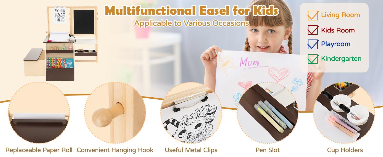 Costzon Easel for Kids, Wooden Art Center with Double-Sided Blackboard & Whiteboard, Paper Roll for Drawing, Crafts, Writing, Toddler Activity Table with Storage, Kids Table and Chair Set