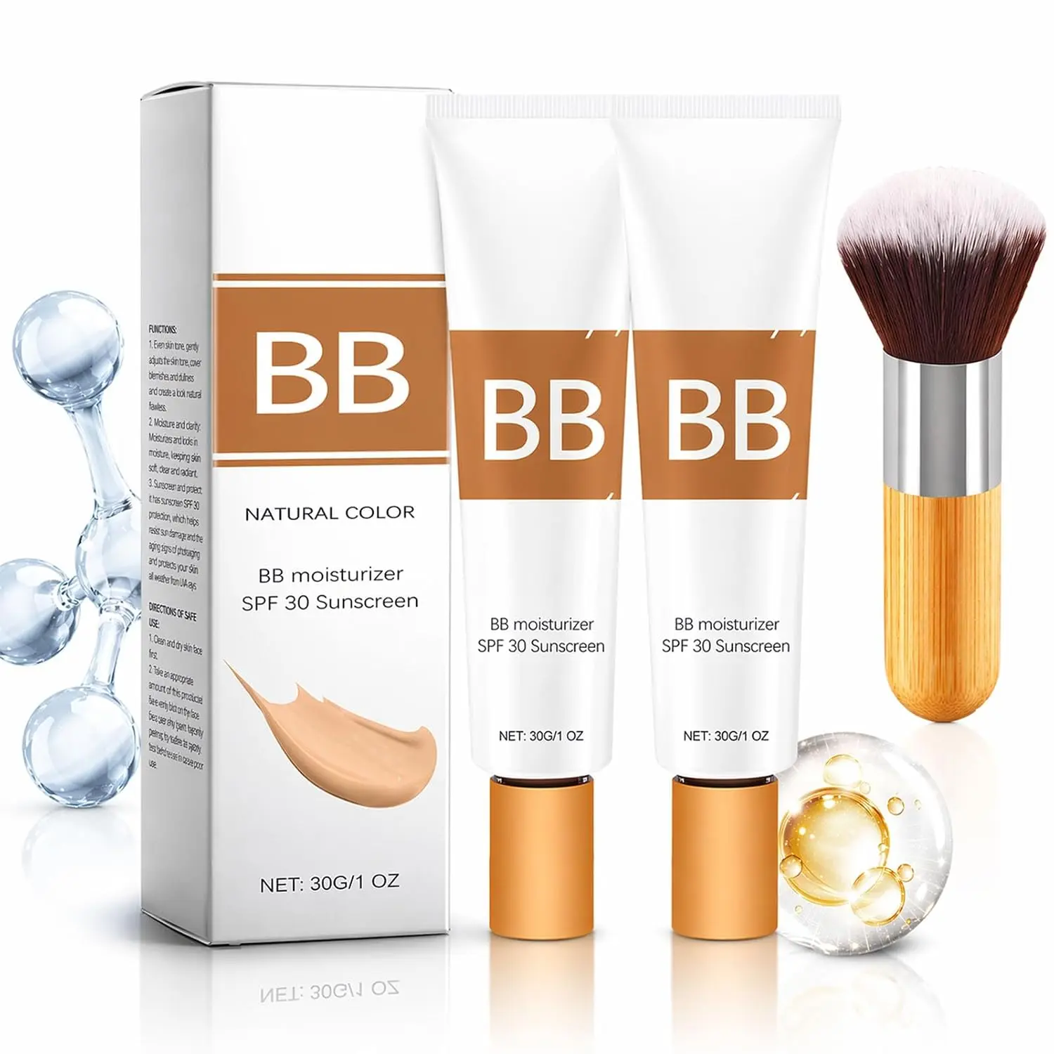 Tinted Moisturizer BB Cream SPF 30 with Built-in Brush - Hydrating Matte Full Coverage Face Makeup, Skin Brightening Lightweight Blemish-Blurring Tinted Care Primer, Natural Shade, 1 fl oz Daily Facial Cosmetic