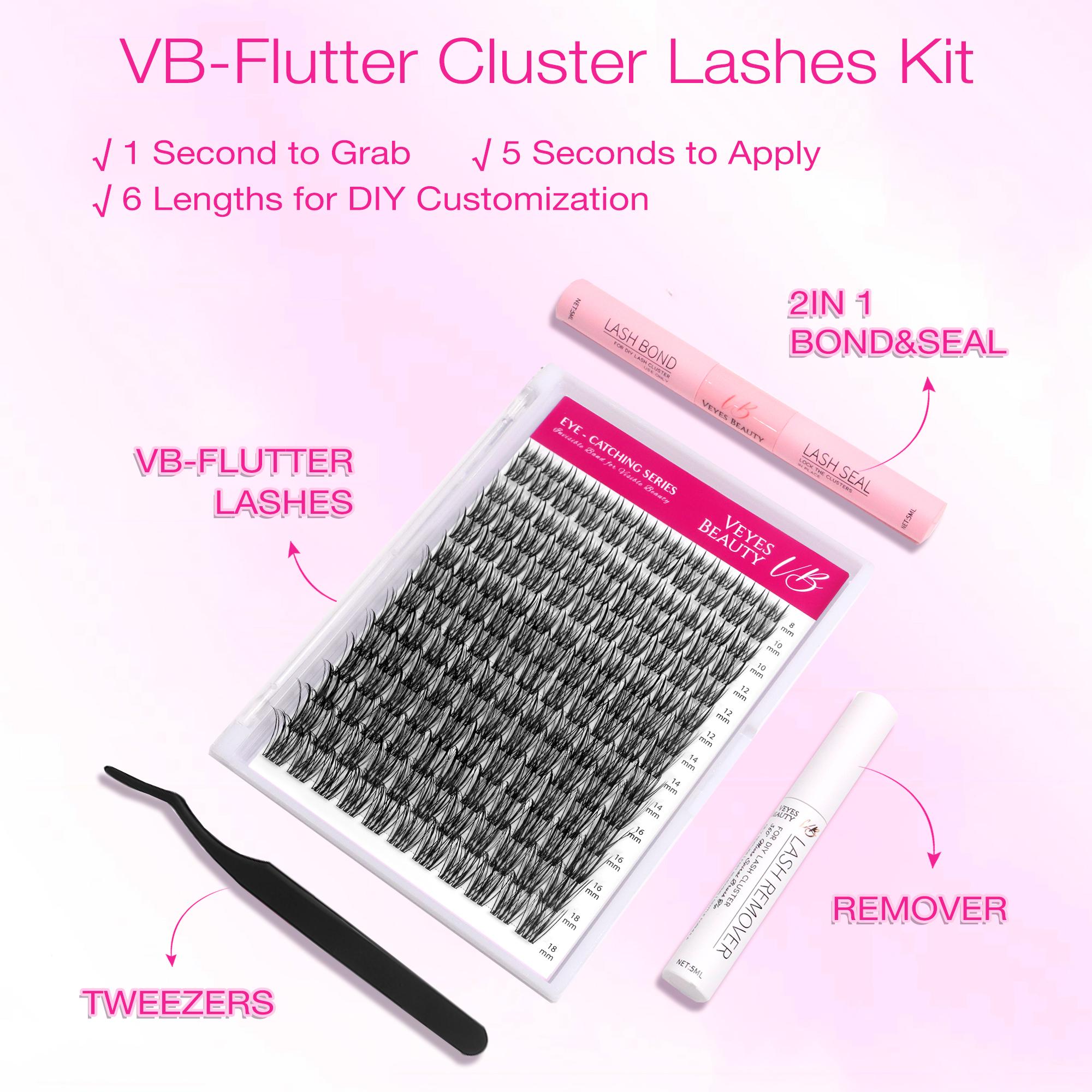VEYESBEAUTY VB-Flutter Cluster Lashes 100% Handcrafted Ultra-thin Extremely Fine Invisible Band False Eyelash Wispy Faux Mink Lash Mixed Length DIY Eyelash Extension for Self Makeup Cosmetic Application at Home