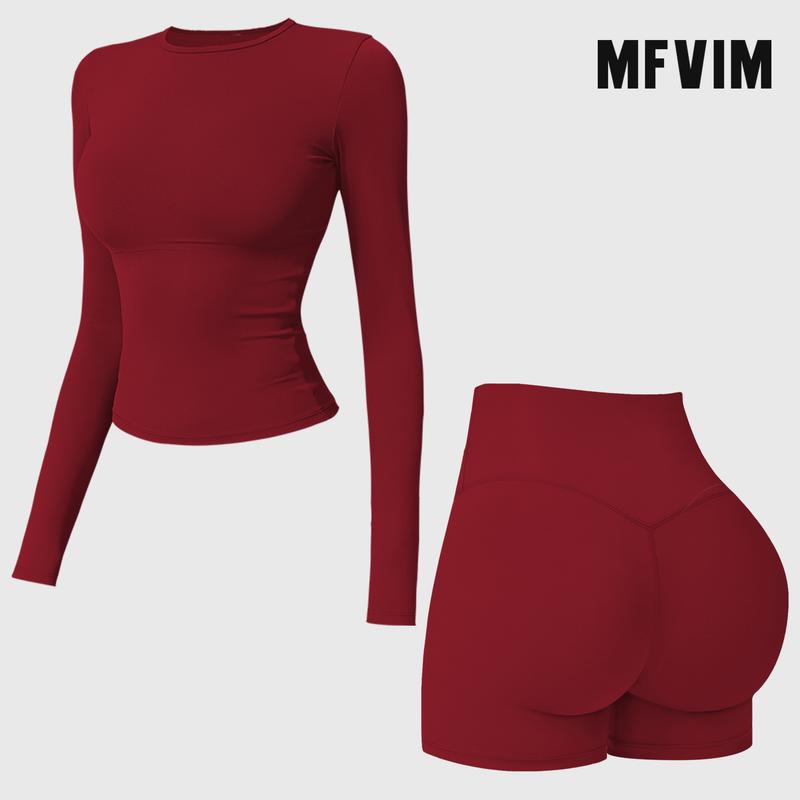 MFVIM 2-Piece Impact  Set for  Women's Long/Short Sleeve T-Shirt Tank Top +  Impact Shorts with Butt Lift, Seamless  Biker Shorts, Going Out  Set,  Clothing, Skinny Sports Apparel, Compression Activewear  Wear  Clothin gym fitness workout Yoga Bottoms