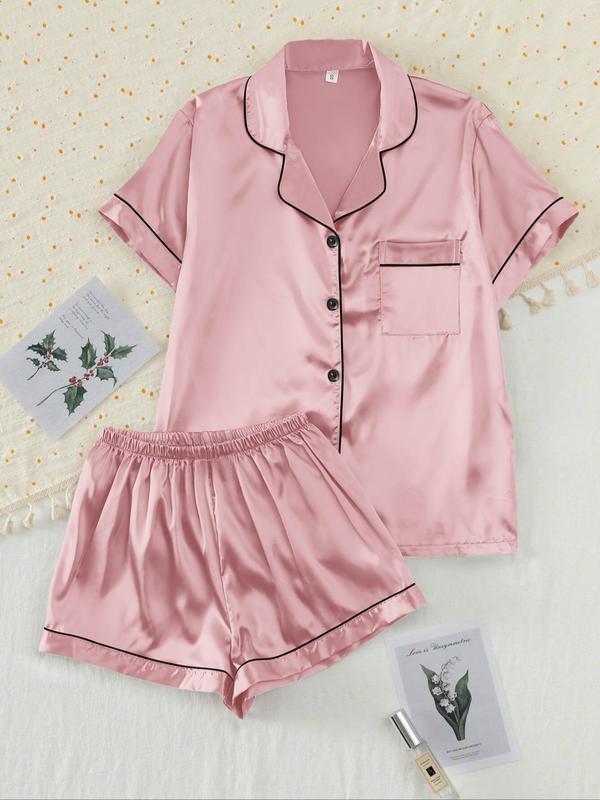 【Valentine's Day】Women's Two-piece Shirt & Shorts Satin Pajamas Set, Ladies Summer Sleepwear