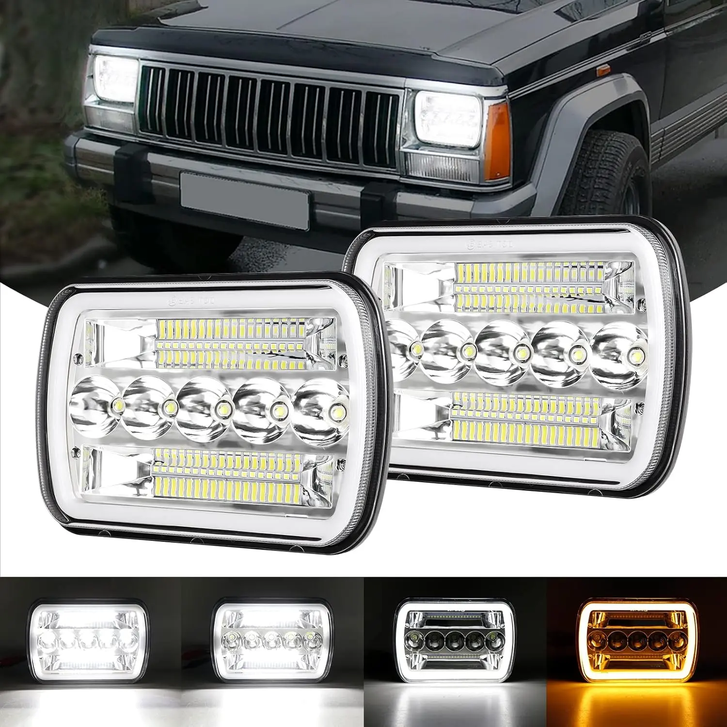 2PC 7x6 5x7 H6054 Black LED Headlights H4 Sealed Beam Replacement Lamp for Jeep Wrangler YJ Cherokee XJ Chevy Express Blazer S10 Van GMC Savana Ford Econoline E150 Nissan D21 Toyota Pickup Truck 1PC